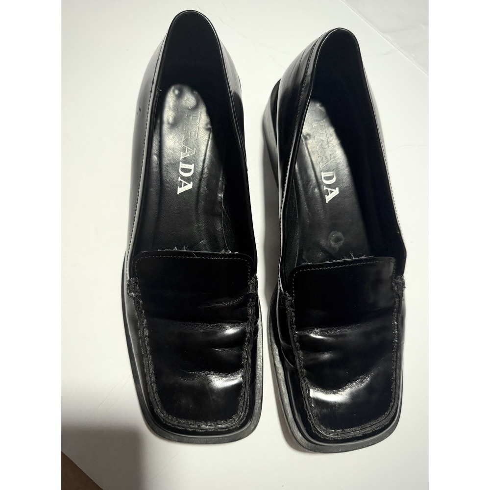 PRADA Square-Toe Loafer Casual Pumps Block Heel Black Size 6.5 - Picture 4 of 7